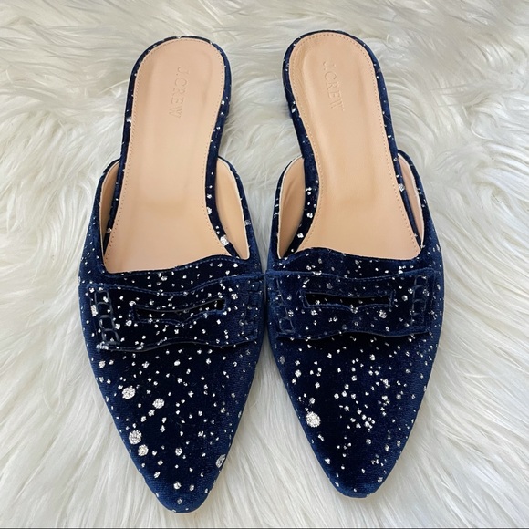 J crew velvet sparkle glitter mules blue pointed toe speckled loafer 9.5 silver